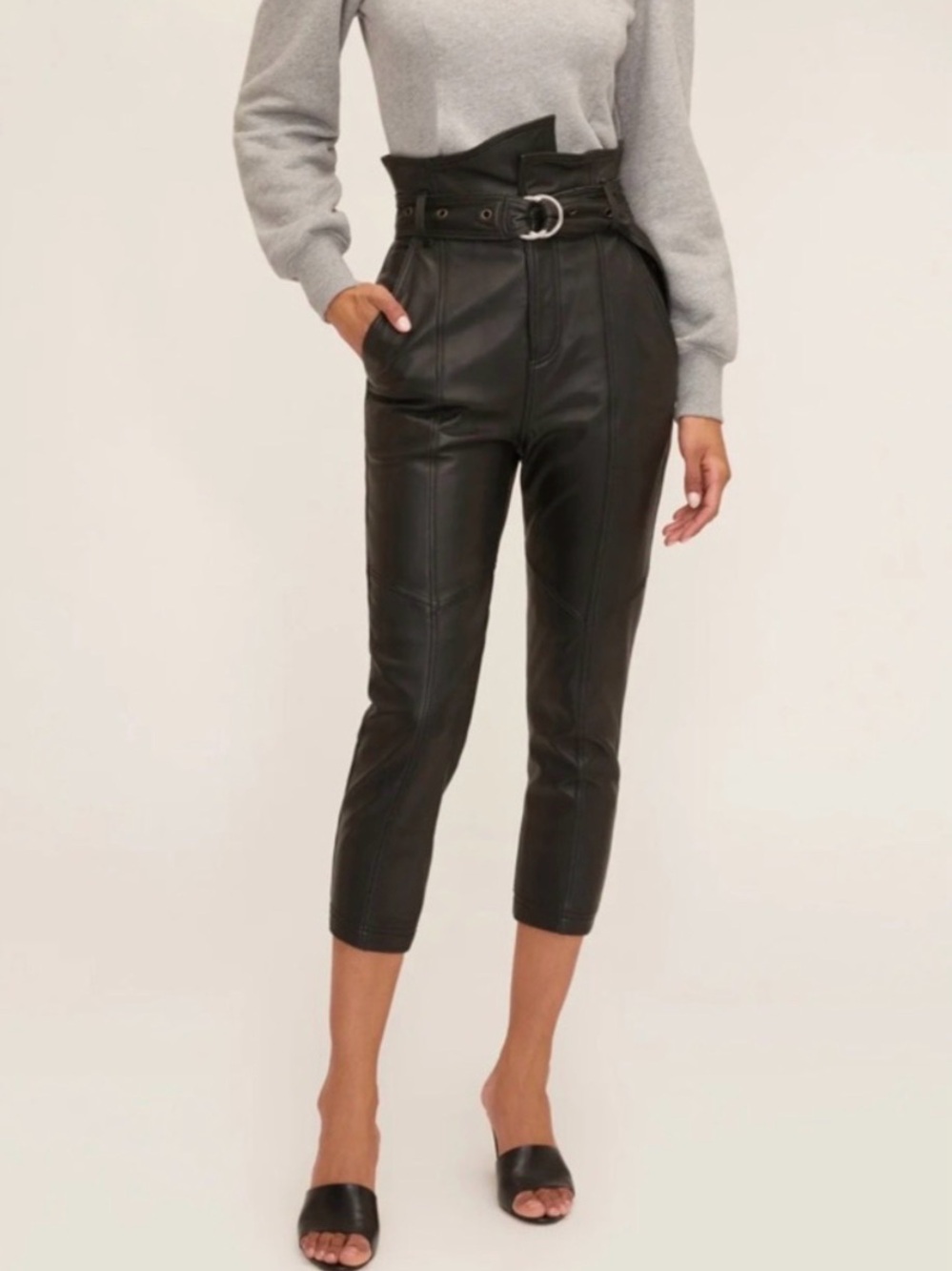 Marissa Webb Anniston Black Leather High-Waist Paperbag Pants with Belt Sz 4